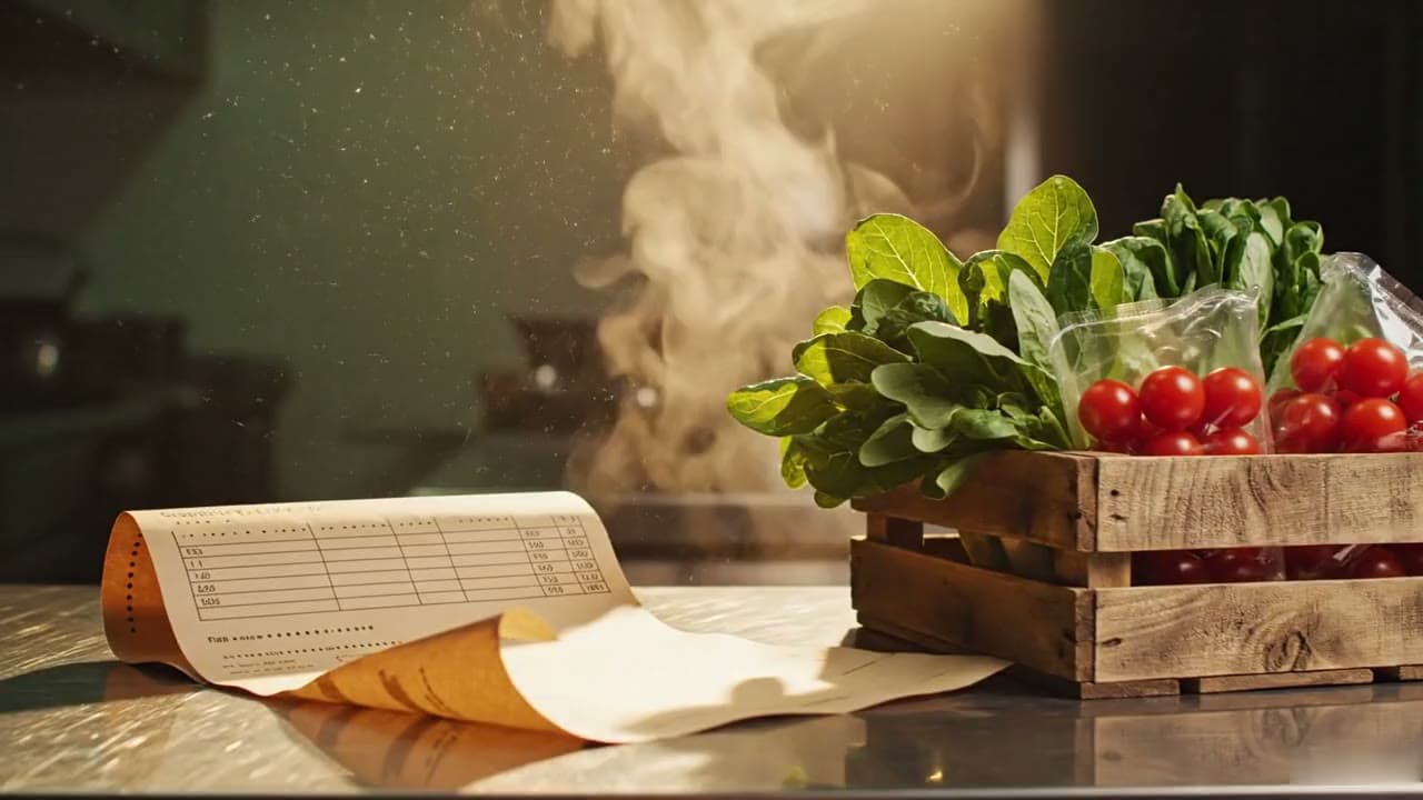 A supplier delivery docket on a prep-kitchen counter beside a crate of greens, in early morning light (fictional footage)